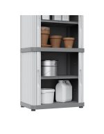 Terry Rolling Space Modular 2 con ante aperte, ripiani pieni di vasi, secchi e taniche per organizzare oggetti