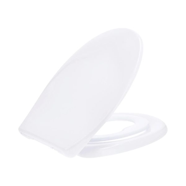 Sedile WC Livarno Home in Duroplast bianco con coperchio sollevato, vista laterale tre quarti