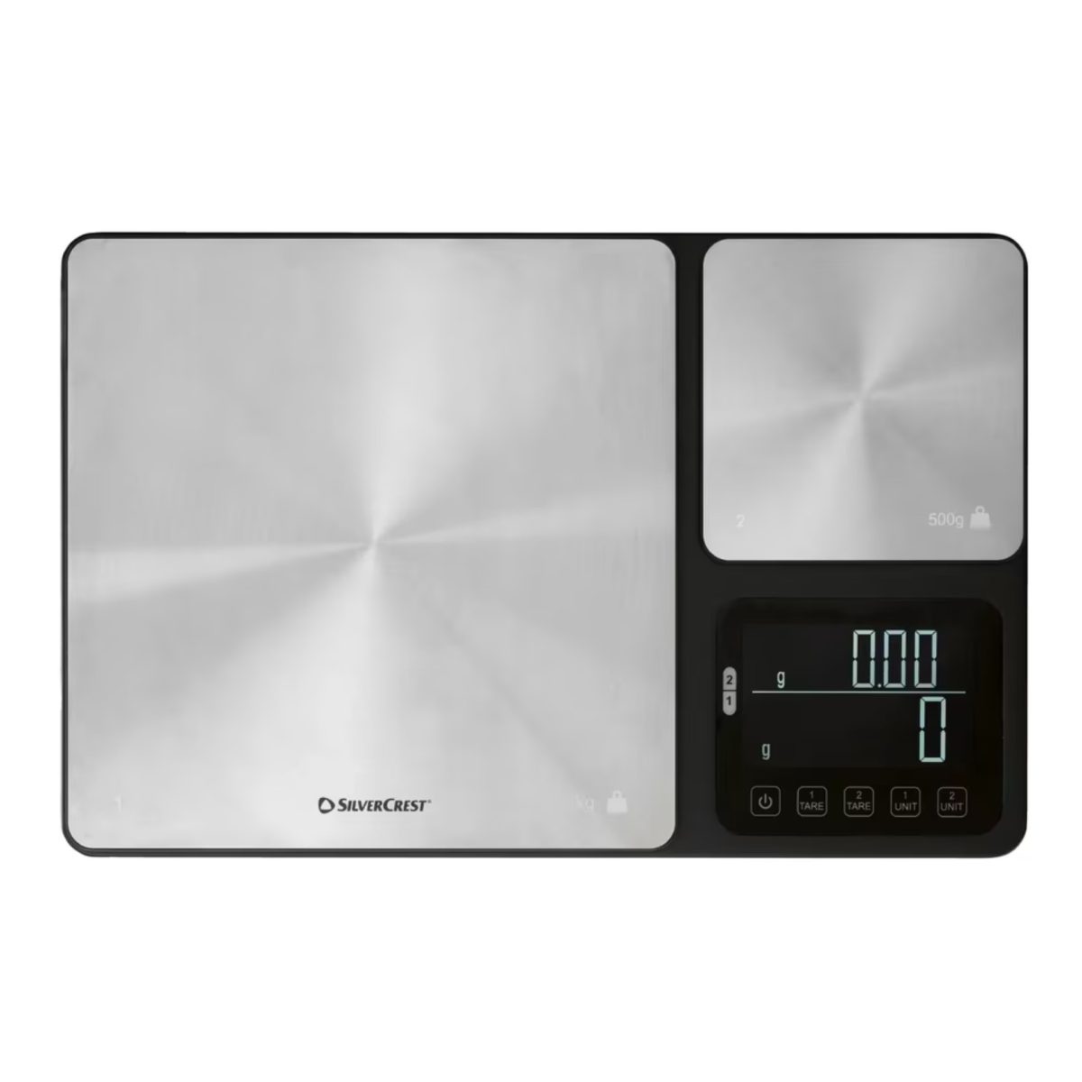 Bilancia di precisione Silvercrest 0.01g-5kg vista dall'alto con piatti in acciaio e pulsanti tare e unità