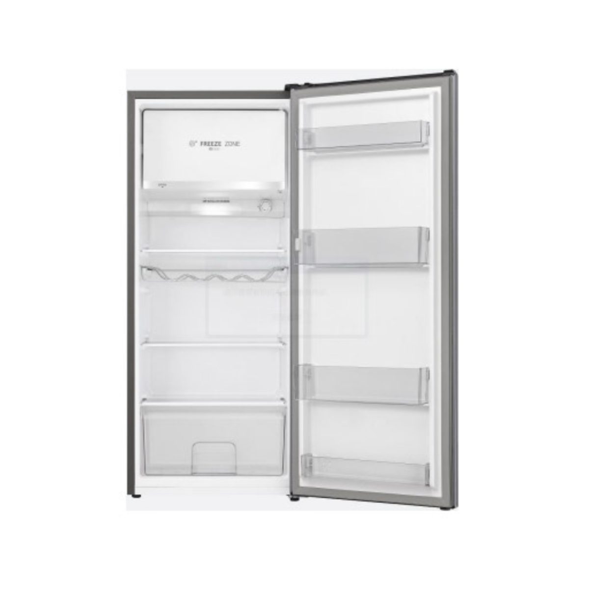 Frigorifero Hisense RR195D4DD1 150L aperto e vuoto, ripiani e balconcini della porta visibili