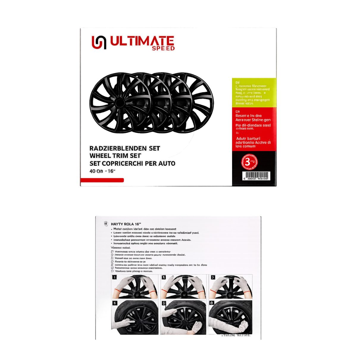 Copricerchi Ultimate Speed 16 pollici, retro confezione con istruzioni di montaggio