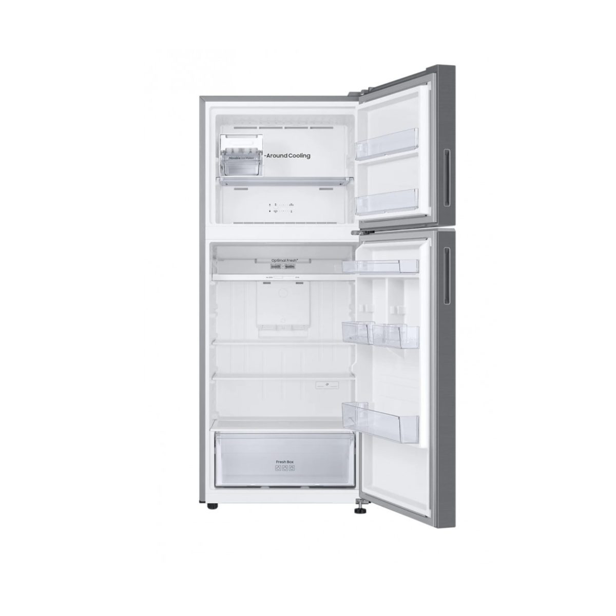 Frigorifero Samsung BESPOKE AI 393L No Frost aperto e vuoto, vista interna scomparti e cassetti