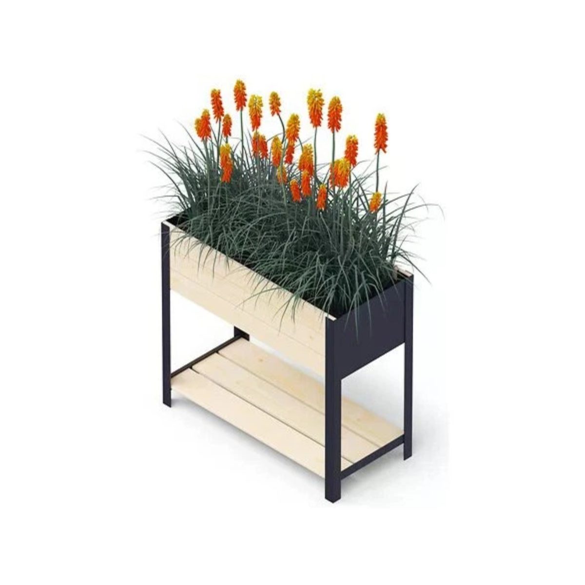 Fioriera rialzata UPYARD ModernBox High legno nero riempita con piante ornamentali e fiori arancioni, ripiano portavasi in legno