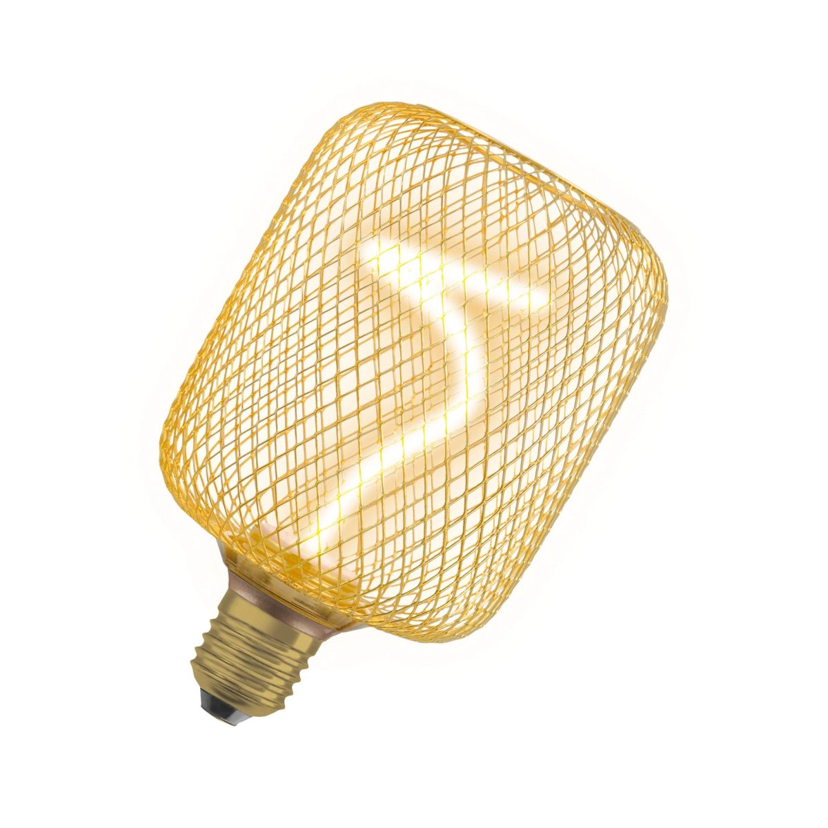 Osram Lampada LED Decorativa Filamento Spiral Oro 3,5W accesa, dettaglio filamento a spirale e attacco E27