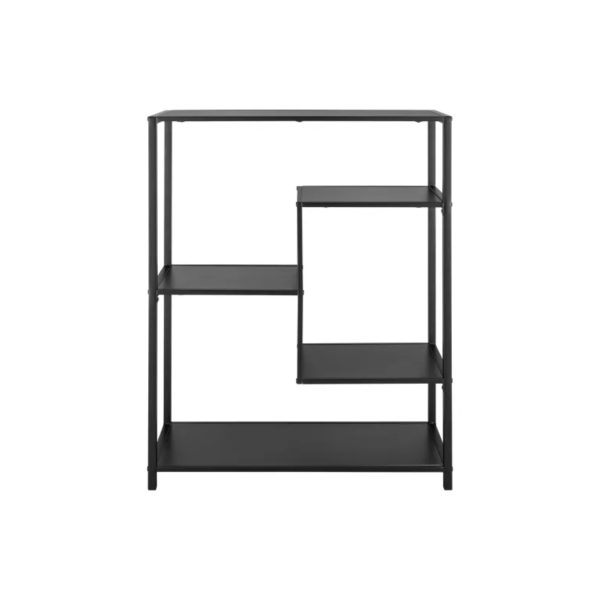 Scaffale multiuso Livarno Home nero in acciaio e MDF 76x30x95, vista frontale design moderno a livelli asimmetrici
