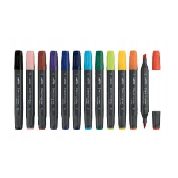 Crelando Set 12 Pennarelli Artistici ad Alcol, vista completa con punte a scalpello ed estese