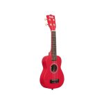 Ukulele soprano Kala Ukadelic Cherry Bomb Red visto di tre quarti con manico e cassa in vista