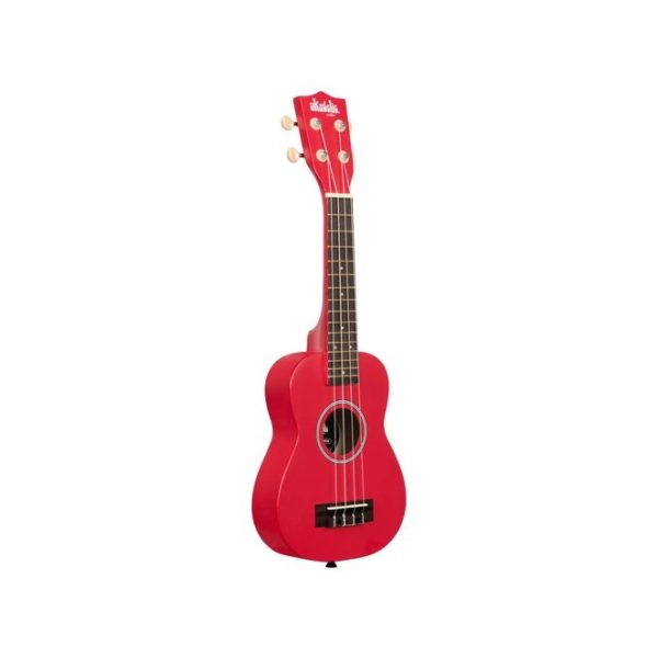 Ukulele soprano Kala Ukadelic Cherry Bomb Red visto di tre quarti con manico e cassa in vista