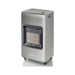 Stufa a gas GPL Olimpia Splendid Stovy Infra Silver 4200W, vista frontale con griglia infrarossi e ruote