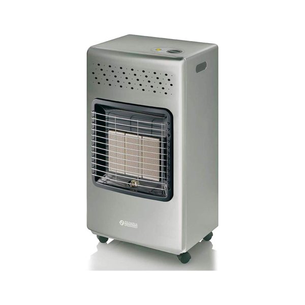 Stufa a gas GPL Olimpia Splendid Stovy Infra Silver 4200W, vista frontale con griglia infrarossi e ruote