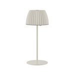 Lampada LED Livarno Home con batteria agli ioni di litio, vista frontale spenta con paralume plissettato bianco