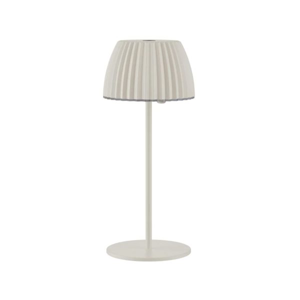 Lampada LED Livarno Home con batteria agli ioni di litio, vista frontale spenta con paralume plissettato bianco
