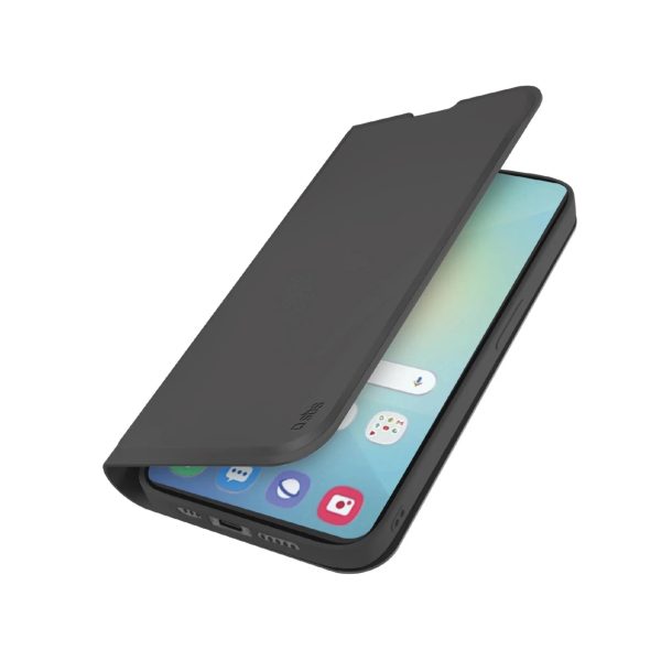 Cover Wallet SBS per Galaxy S25 nera soft touch aperta con funzione stand e display visibile
