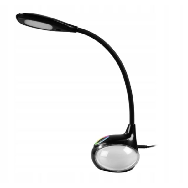 Lampada da scrivania Livarno Home LED nera vista frontale con base RGB e braccio flessibile