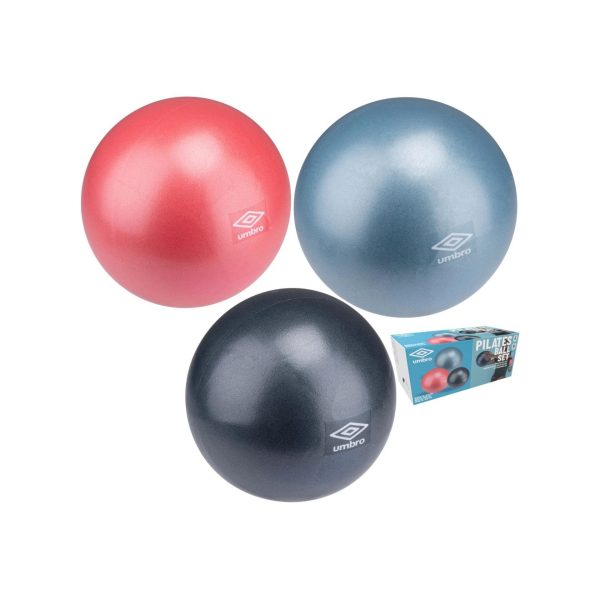 Set Umbro 3 palle Pilates antiscoppio 18 22 25 cm nei colori rosso blu e nero con confezione