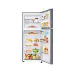 Frigorifero Samsung BESPOKE AI 393L aperto pieno di alimenti, vista interna con Fresh Box e cassetti