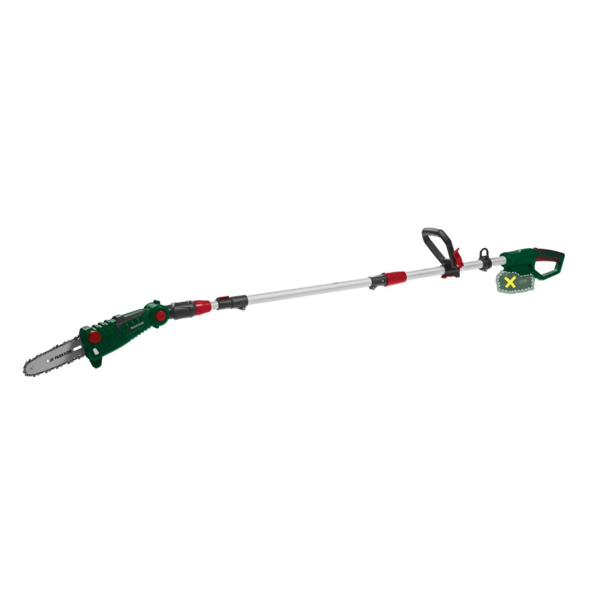 Motosega potatrice Parkside PAHE 20V, vista laterale completa con impugnatura e barra catena