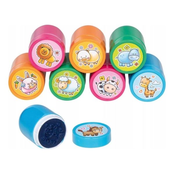 Set 6 timbri autoinchiostranti bambini con animali colorati, confezione danneggiata, dettaglio inchiostro