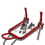 Cavalletto Crivit 200kg con struttura in acciaio rosso, rulli e accessori di montaggio inclusi