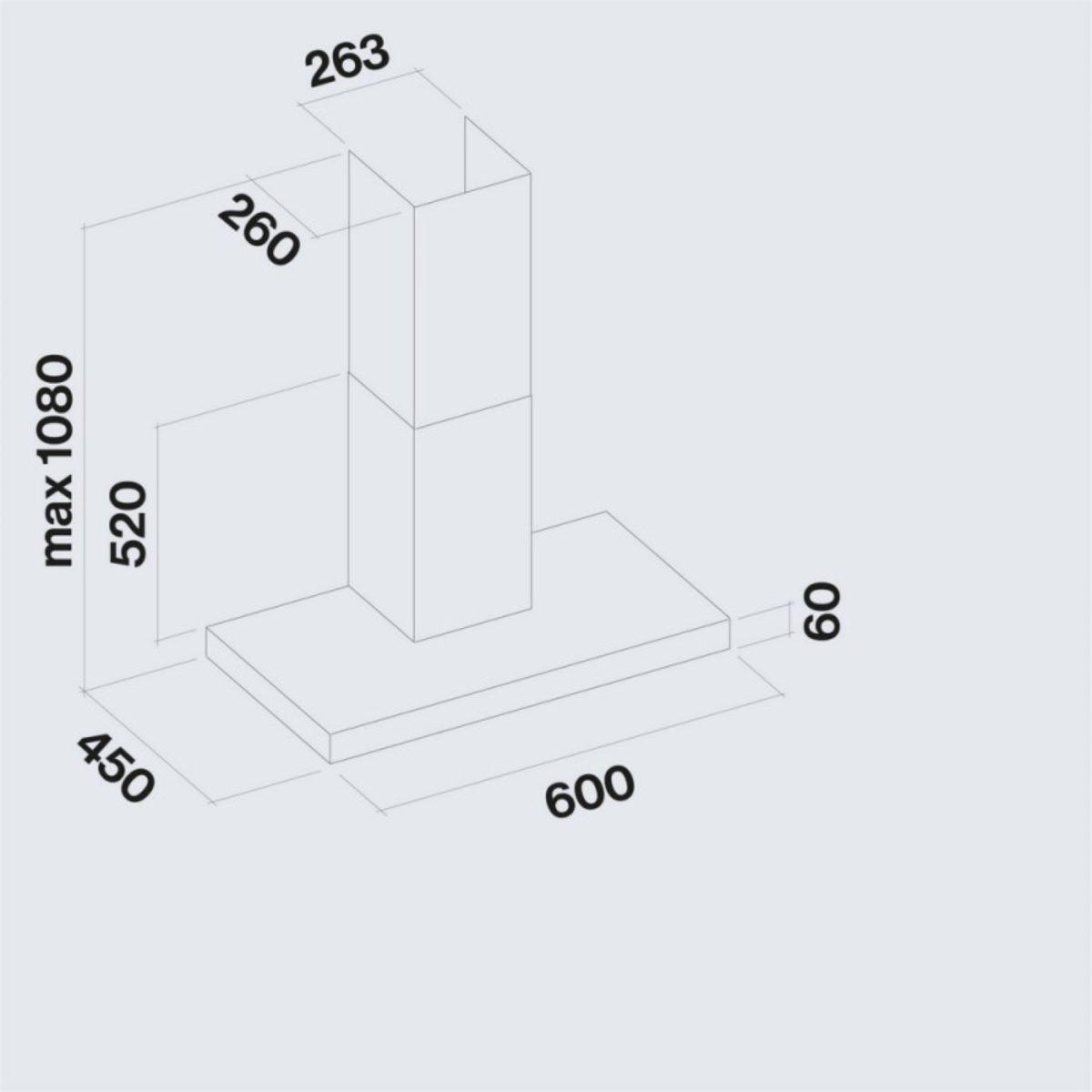 Falmec Mercurio Evo 60cm cappa aspirante, schema tecnico con dimensioni e misure di ingombro