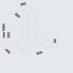 Falmec Mercurio Evo 60cm cappa aspirante, schema tecnico con dimensioni e misure di ingombro