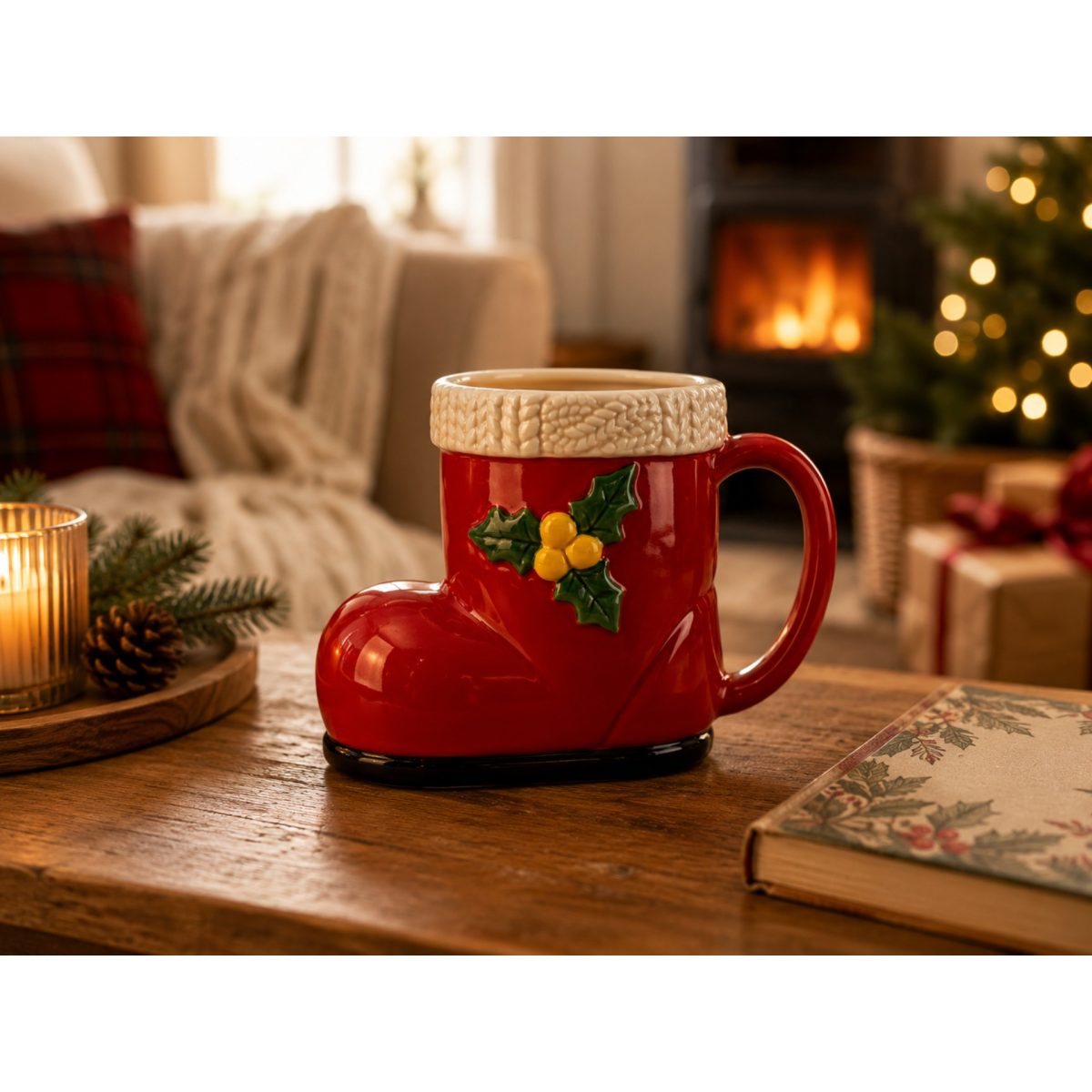 Silvercrest tazza natalizia 350 ml rossa a forma di stivale ambientata su tavolo con decorazioni natalizie
