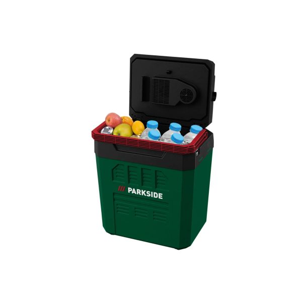 Frigo portatile Parkside 24L ricondizionato aperto con bevande e frutta all'interno