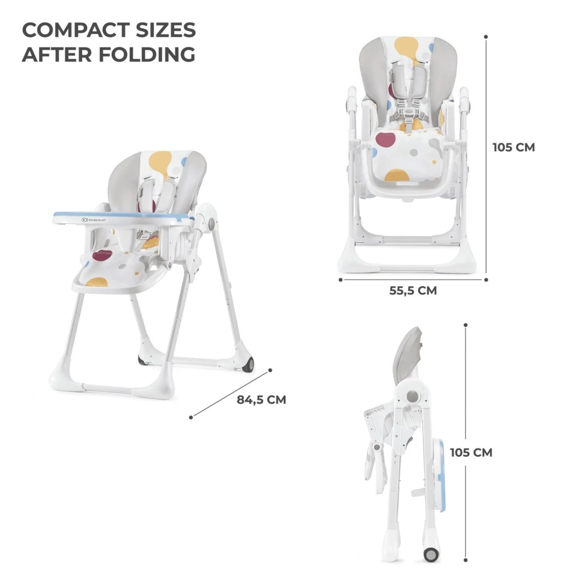 Kinderkraft YUMMY seggiolone, dimensioni compatte da chiuso con misure in centimetri