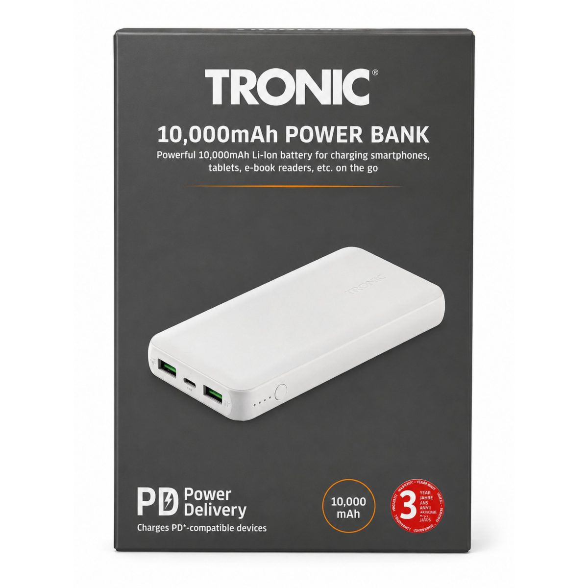 Powerbank Tronic 10000mAh PD 15W, confezione originale con specifiche, scatola danneggiata
