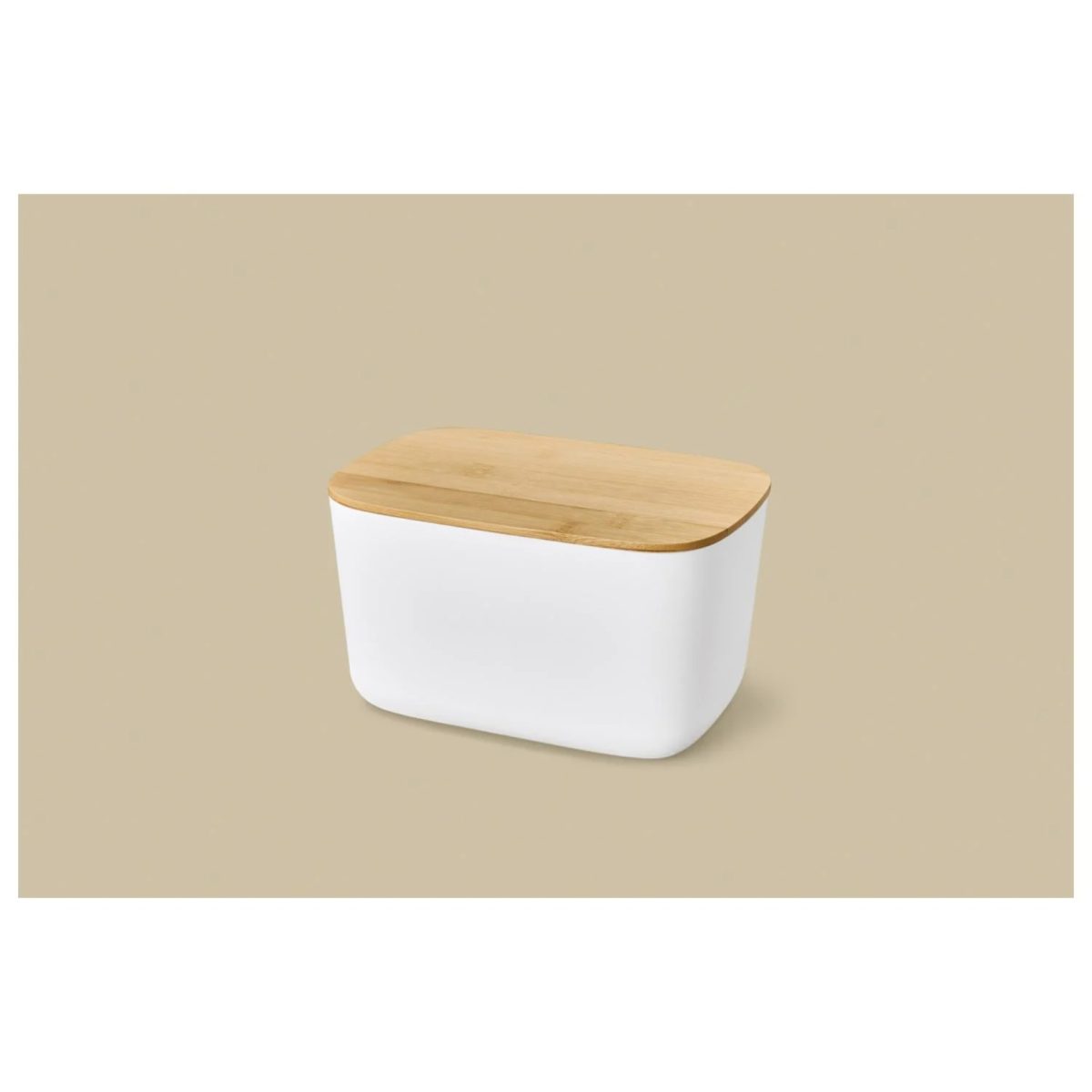 Livarno Home porta fazzoletti box bambù e bianco 20x14x11 su sfondo beige, vista d'insieme del prodotto