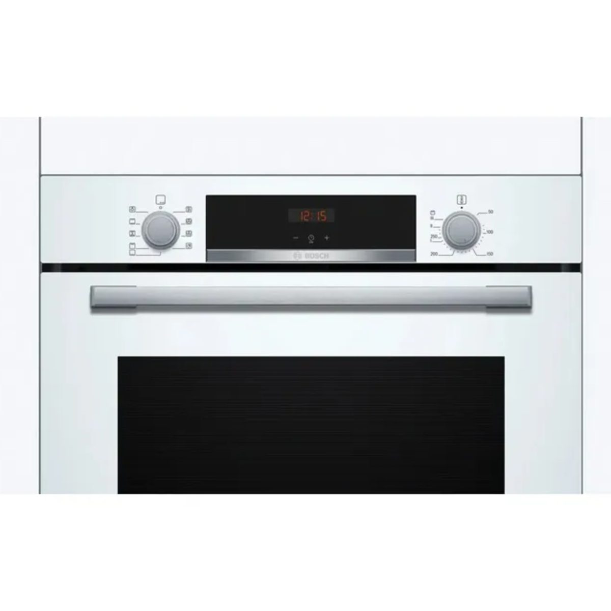 Dettaglio pannello comandi forno Bosch Serie 4 HBA534BW3 bianco con manopole e display digitale