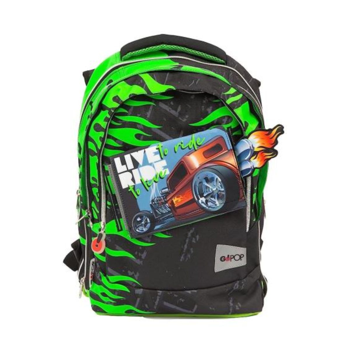 Zaino scuola estensibile GoPop Monster Truck nero e verde, vista frontale con stampa Live to Ride hot rod