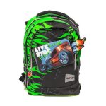 Zaino scuola estensibile GoPop Monster Truck nero e verde, vista frontale con stampa Live to Ride hot rod