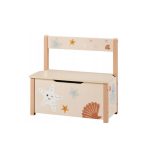 Cassapanca Livarno in legno beige per bambini con decorazioni stelle marine, vista frontale chiusa