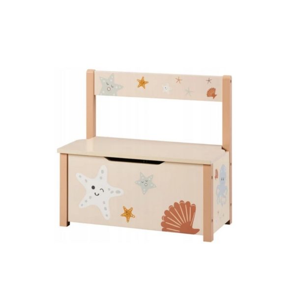 Cassapanca Livarno in legno beige per bambini con decorazioni stelle marine, vista frontale chiusa