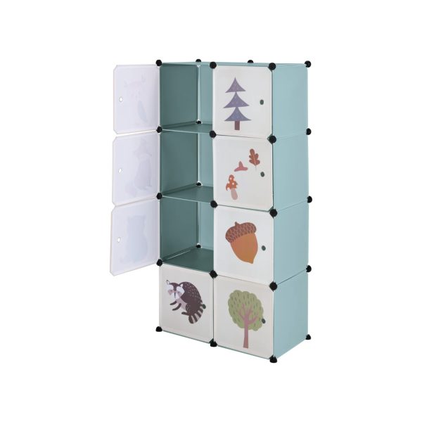 Scaffale Livarno per bambini 8 scomparti con ante decorate a tema bosco, vista laterale con anta aperta