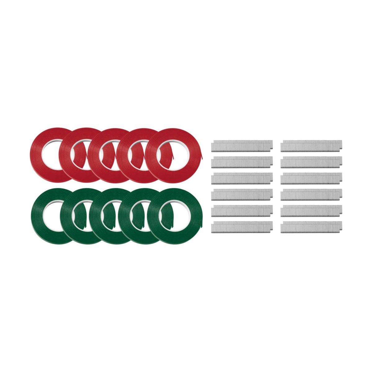 Set accessori Parkside per pinza legatrice: rotoli di nastro rosso e verde e punti metallici graffette