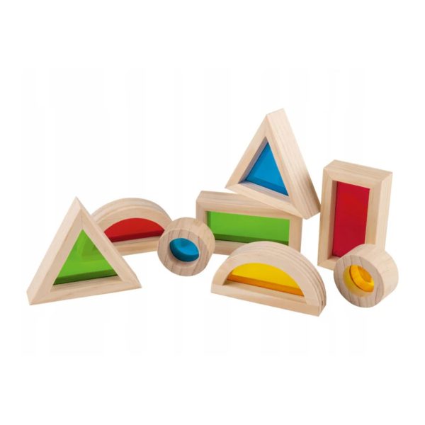 Prime Costruzioni Magnetiche Finestrelle 16 pezzi, forme geometriche in legno colorate con inserti trasparenti