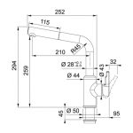 Franke Urban Doccia miscelatore lavello nero satinato, disegno tecnico con dimensioni e misure di ingombro