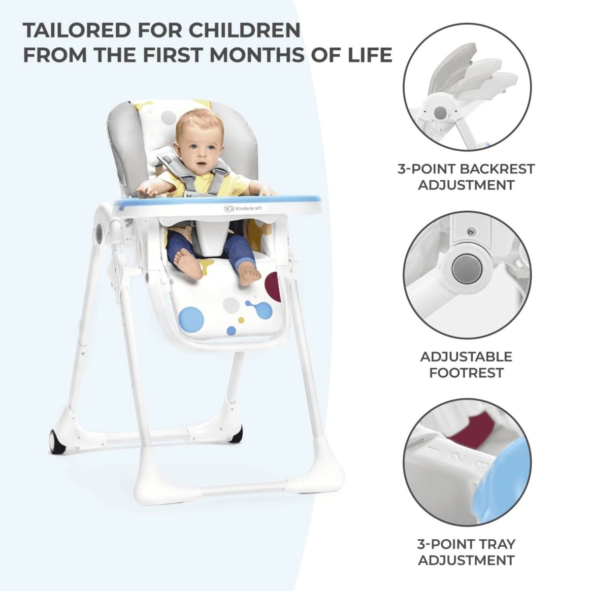 Kinderkraft YUMMY seggiolone con neonato seduto, schienale reclinabile e poggiapiedi regolabile