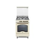 De'Longhi PEMB 664 CLSG cucina a gas 4 fuochi color cream, vista frontale con coperchio aperto e forno elettrico