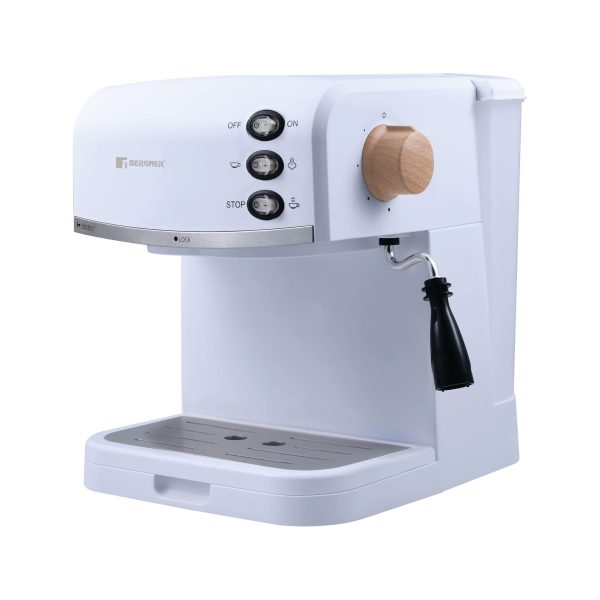 Macchina caffè espresso Bergner Retrò 15 Bar vista frontale con manopola in legno e lancia vapore