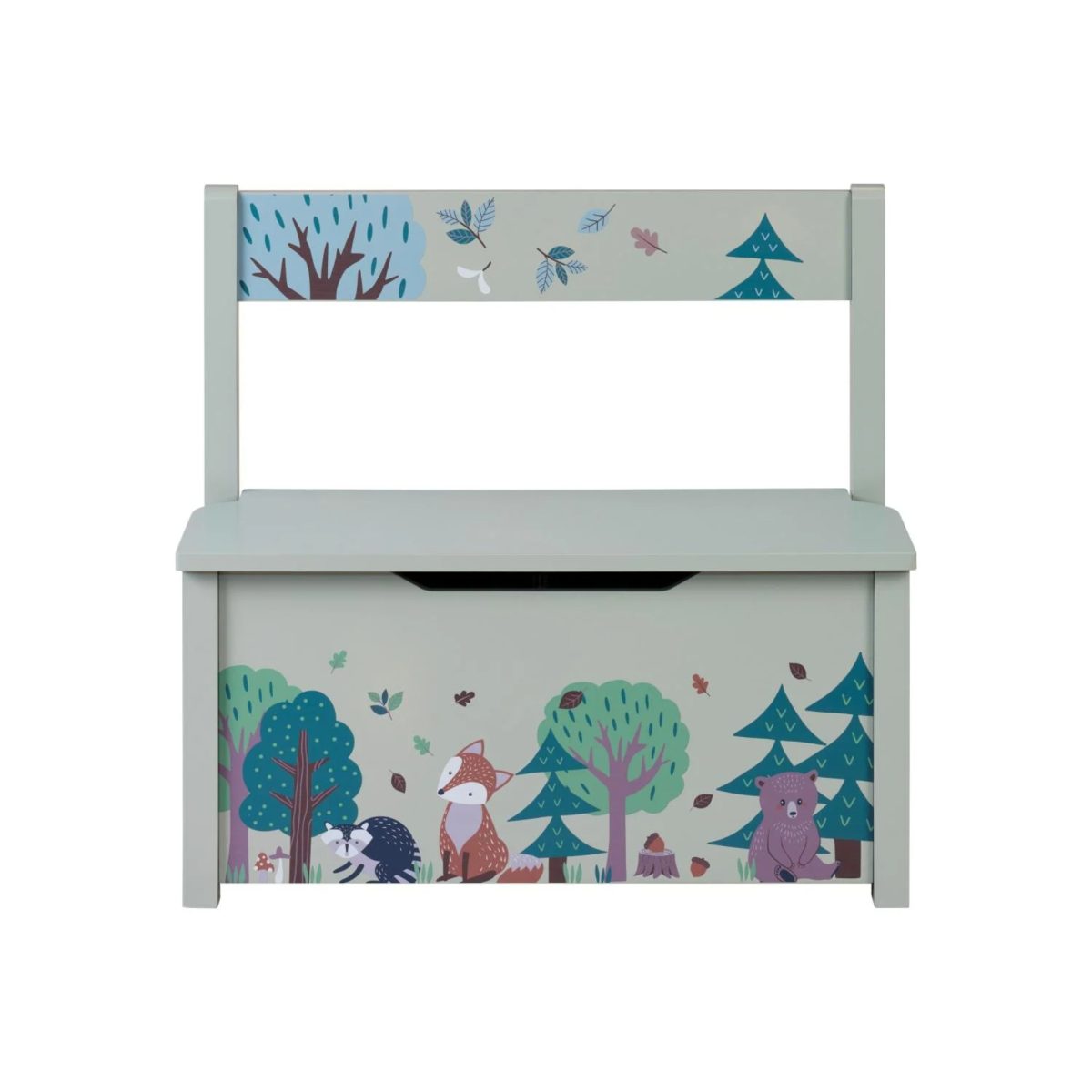 Panca Livarno Home per bambini con contenitore, vista frontale con stampa volpe orso e foresta