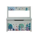 Panca Livarno Home per bambini con contenitore, vista frontale con stampa volpe orso e foresta