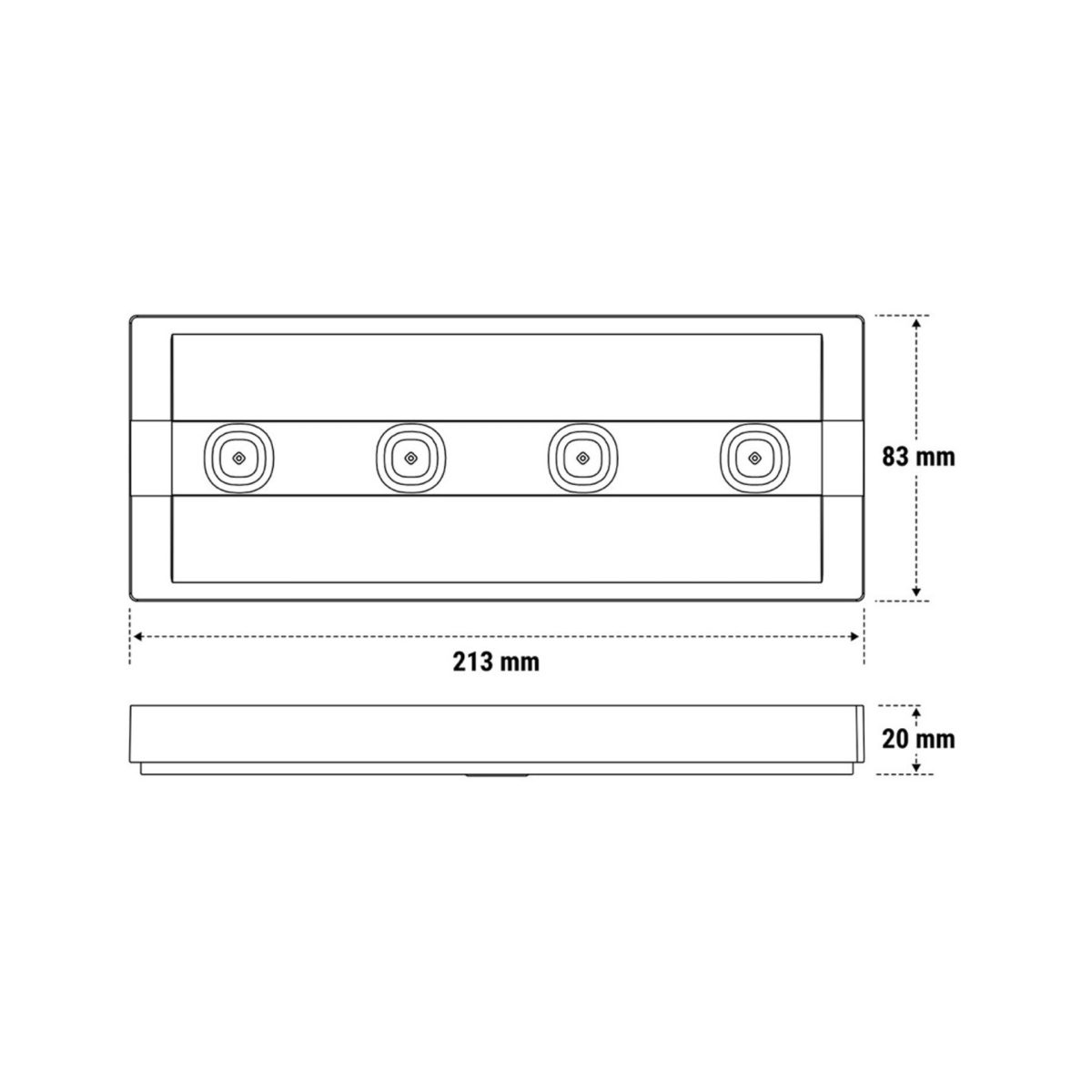 Beghelli 4341F UPLED lampada emergenza schema tecnico con dimensioni 213x83x20 mm