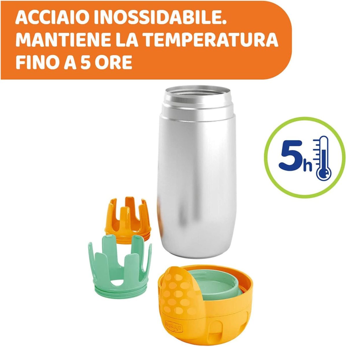 Portabiberon Chicco Step Up smontato: corpo in acciaio inossidabile, adattatori e tappo, mantiene la temperatura fino a 5 ore