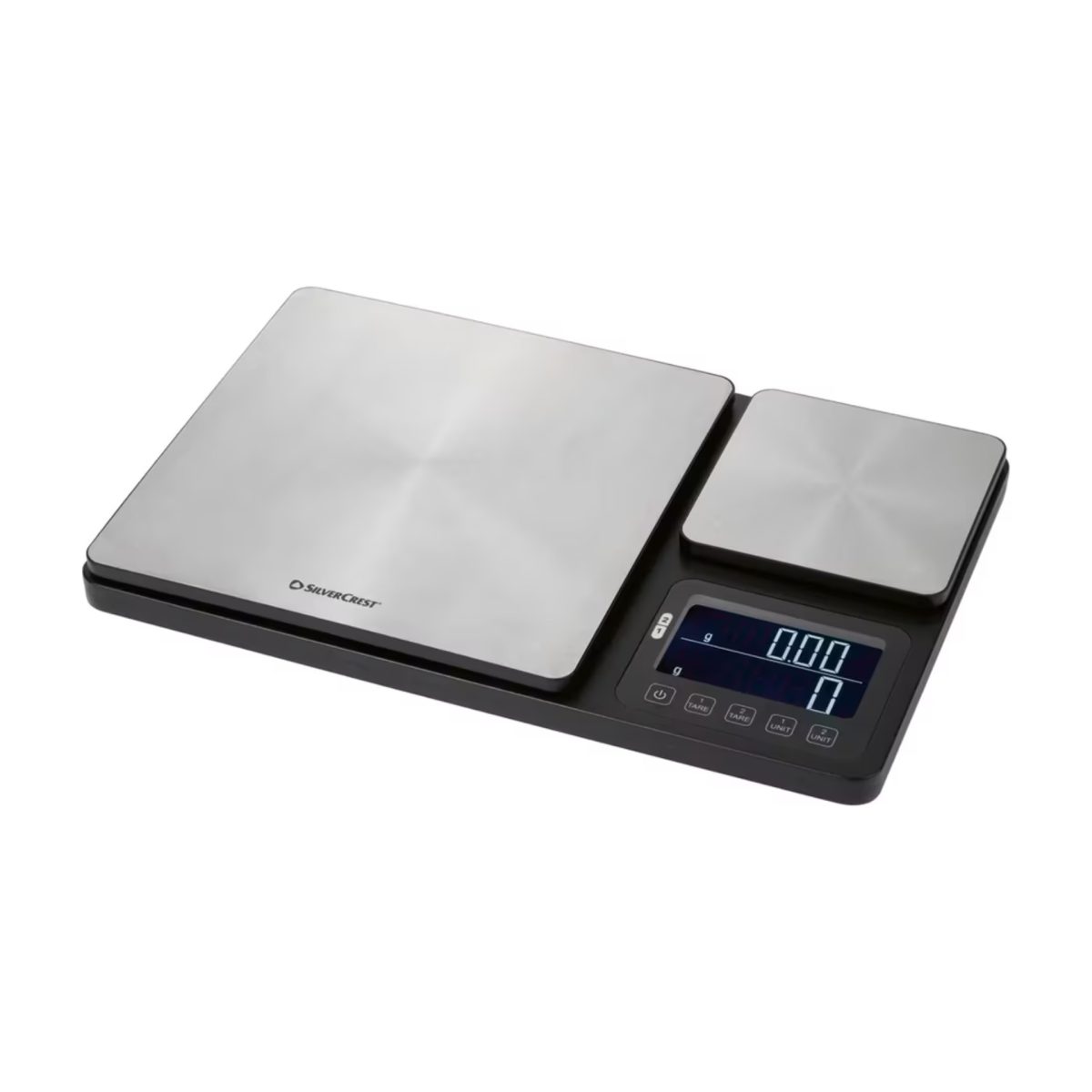 Silvercrest Bilancia Doppia Piattaforma - Vista frontale Bilancia da cucina Silvercrest doppia piattaforma vista frontale con display a doppia riga a 0.00g