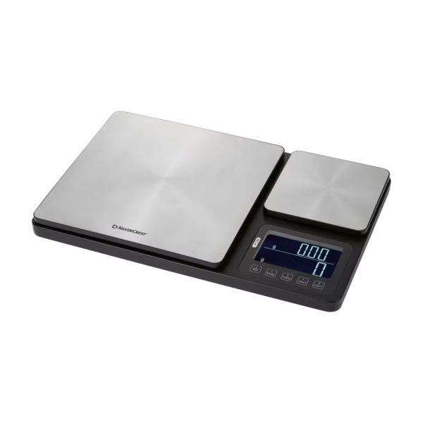 Bilancia da cucina Silvercrest doppia piattaforma vista frontale con display a doppia riga a 0.00g