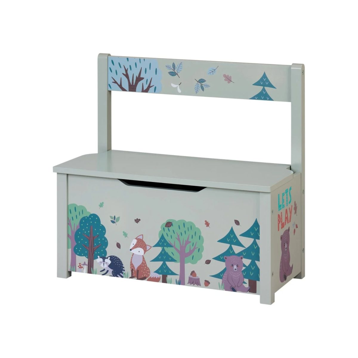 Panca bambini Livarno Home con contenitore - vista laterale Panca Livarno Home per bambini con contenitore, vista laterale con decorazioni volpe e animali del bosco