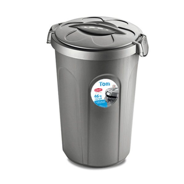 Stefanplast Bidone Tom 46L grigio con coperchio a clip, vista frontale ed etichetta prodotto originale